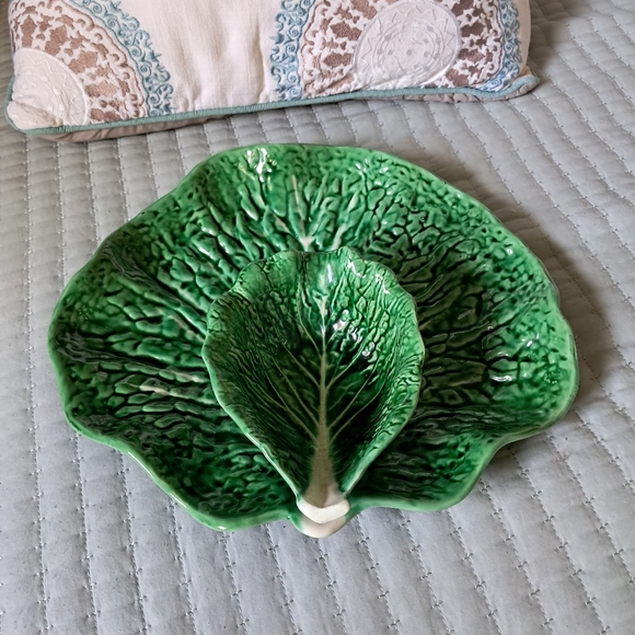 Vintage SECLA PORTUGAL Emerald Green Cabbage Serving Platter Attached Dip Bowl - Picture 9 of 15